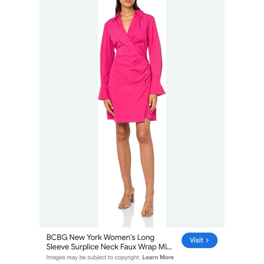 BCBG New York Women's Long Sleeve Surplice Neck Faux Wrap Mini Shirt Dress